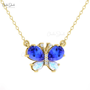 Handcrafted 14k <b>Solid</b> <b>Gold</b> Genuine 1.7 CTW Tanzanite & Moonstone Insect Necklace with Pave Diamond Butterfly Necklace Jewelry - Product Image 1