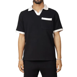 Men's Black Solid Color Short Sleeve <b>Polo</b> Shirt With <b>White</b> Collar And Cuff Casual Summer Knitted Cotton Top - Product Image 1