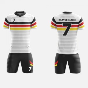Conjunto de Camiseta de Fútbol Personalizada para Hombre con Cuello en V, Rayas Blancas, Negras, Rojas y Amarillas, Sublimada, de Poliéster, Manga Corta, Transpirable, para Todas las Temporadas - Product Image 1