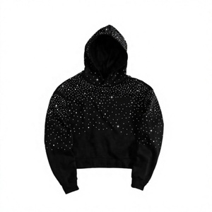 Sudadera Corta con Capucha y Cremallera, con Pedrería Negra, Unisex, Oversize, de Punto, Poliéster/Algodón, Antiarrugas, para Otoño - Product Image 1