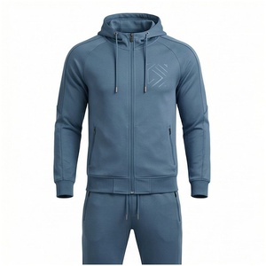 Conjunto Deportivo Azul con Capucha para Hombre, Manga Larga, Cierre Frontal con Cremallera, Logotipo, Color Sólido, Transpirable, Corte Regular, Ropa Casual de Otoño - Product Image 1