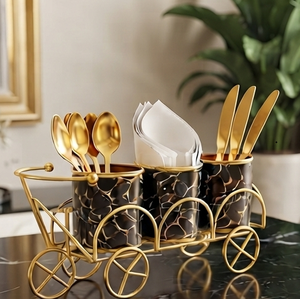 Porte-couverts doré à roulettes, motif marbre, organisateur d'ustensiles, style chariot tricycle, support à couverts pour table de cuisine - Product Image 2