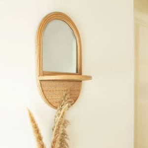 Espejo de pared bohemio de ratán con estante para pasillo, baño y decoración de oficina en casa, espejos de ratán vintage de Vietnam - Product Image 4