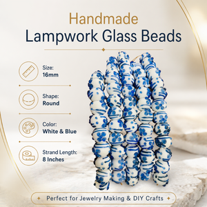 Luxury White Blue Lampwork Glass Beads 16mm Round | Handmade Glass Beads 8 Inch Strand for Jewelry, <b>Bracelet</b> Necklace Craft Use - Product Image 6