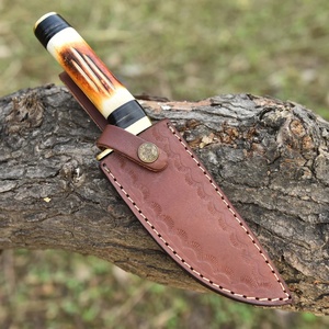 Cuchillo de caza hecho a mano de acero de Damasco con punta de gota, mango de hueso y micarta, funda de cuero, cuchillos plegables de supervivencia al por mayor - Product Image 4