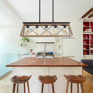 Lampadario a sospensione industriale moderno da 32 pollici con gabbia in metallo, design noce, 5 luci, regolabile, per sala da pranzo e cucina - Product Image 3