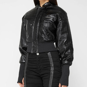 Chaqueta Bomber Negra de PU con Patrón de Cocodrilo en Relieve, Manga Farol, Cuello Alto, Cierre de Cremallera, Corta, Estilo Moto Unisex - Product Image 3