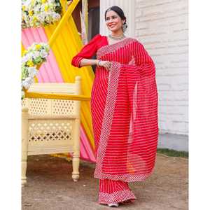 Sari en soie rouge profond avec broderie Gotta, infroissable, collection de créateur pour mariages, Diwali et fêtes, export. - Product Image 6