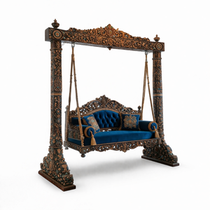 Columpio de estilo palaciego de prestigio para decoración del hogar, columpio real de madera de teca tallada a mano, color marrón oscuro, Jhula con cojín de terciopelo azul intenso, Reino Unido - Product Image 1