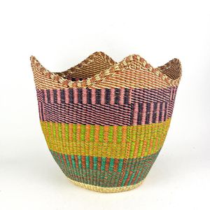 Durable Handcrafted Seagrass Laundry Basket with Scalloped Rim Multi Color Stripe Accent Multi Functional <b>Container</b> Bin - Product Image 2