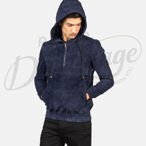 Sudadera con Capucha para Hombre, Color Azul Marino, de Gamuza Genuina, con Cierre de Cremallera de un Cuarto y Bolsillo Frontal - Product Image 1