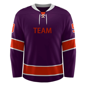 Maillot de hockey sur glace personnalisé sublimé pour homme, violet et rouge, avec nom d'équipe, manches longues, respirant, en polyester, coupe classique, service OEM - Product Image 1