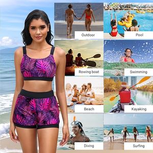 Women's 3 Piece Swimwear <b>Set</b> High Neck Long Sleeve Top Bandeau Bra Shorts Plant Print Contrast Binding Spandex Polyester - Product Image 4
