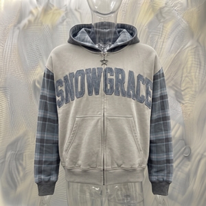 Sweat-shirt à capuche zippé Snowgrace, manches à carreaux, polaire, unisexe, veste d'hiver décontractée, logo brodé sur le devant, coupe classique - Product Image 5