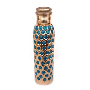 <b>Copper</b> Water <b>Bottle</b> with Blue Hexagon Pattern Hammered Latest Design Metal Water <b>Bottle</b> Direct <b>Drinking</b> Type Food grade - Product Image 1