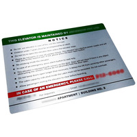 Plaque d'affichage d'ascenseur en aluminium brossé, épaisseur 0,4 mm, impression offset, résistante aux UV, coins étanches, adhésif