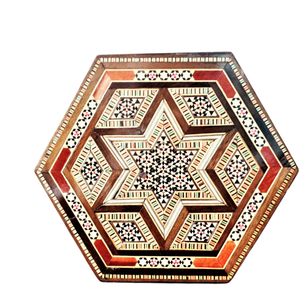 Bandeja de servir octogonal de madera marroquí hecha a mano de alta calidad con incrustaciones de madera de nogal y nácar para mesa de café. - Product Image 4