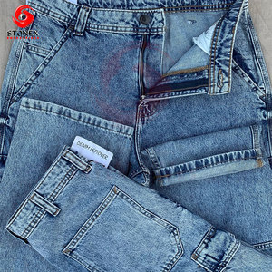 Jean droit vintage délavé bleu pour homme, coupe décontractée, style streetwear, pantalon en denim vieilli, vente en gros - Product Image 4
