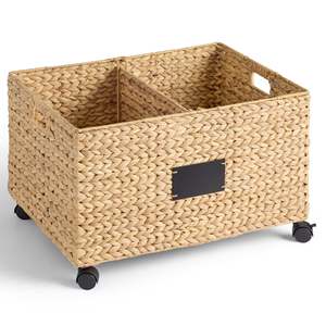 Cesta organizadora rodante de jacinto de agua estilo boho con etiqueta de pizarra, asas y divisor extraíble, color castaño tejido - Product Image 1