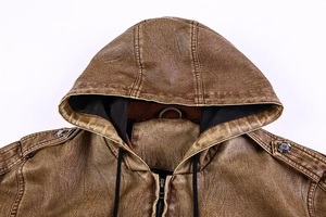 Chaqueta de Moto con Capucha para Hombre, de Cuero PU Marrón, Cierre de Cremallera, Corte Regular, Color Sólido, Estilo Otoñal, Chaqueta Bomber Vintage de Cuero Vacuno - Product Image 2