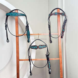 Bride occidentale de serre-tête de cheval en cuir taillé à la main avec des accents de cristal turquoise pour Rodeo Trail & Barrel Racing Tack - Product Image 5