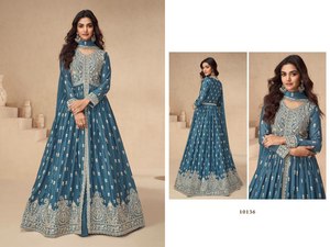 Ensemble de costume pakistanais pour femme, en tissu chinon lourd brodé, longueur ras du sol, séchage rapide, coupe classique, idéal pour les festivals et les mariages - Product Image 5