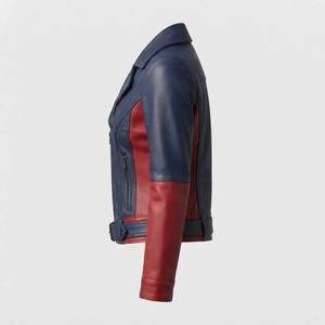 Chaqueta de Motociclista de Cuero Genuino para Mujer, Diseño Color Block Azul y Rojo, Manga Larga con Cremallera, Abrigo de Motociclista para Otoño - Product Image 3