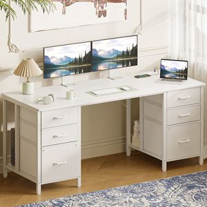 63 Inch Computer <b>Desk</b> with 6 Fabric Drawers Modern <b>White</b> <b>Office</b> <b>Desk</b> for <b>Home</b> Workspace - Product Image 1
