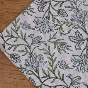 Traditional White Green Floral Hand Block Printed Cotton <b>Fabric</b> Soft Leafy Vine Design for Fashion Garments Decor - Product Image 2