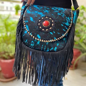 New Western Stylish Hand Tooled Metallic <b>Fur</b> Leather Fringe Bag Fashionable High Quality Women Unique Stone Concealed Carry Bags - Product Image 3