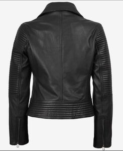 SBEA IMPEX Womens Black Genuine Leather Biker Jacket Slim Fit Asymmetrical Zip Moto Jacket <b>Quilted</b> Padded Puff Sleeves Crew - Product Image 2