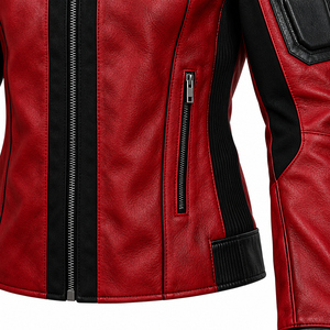 Chaqueta Bomber de Cuero Genuino Roja y Negra para Hombre, Cuello Alto, con Tachuelas, Cierre de Cremallera, Ajustada, Transpirable, Ecológica, Informal, de Invierno - Product Image 6