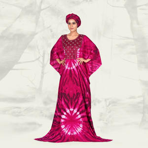 Kaftan Farasha en rayonne, motif tie-dye saisissant, panneau avant orné, manches larges, silhouette élégante longueur ras du sol, style modeste pour l'Aïd - Product Image 4