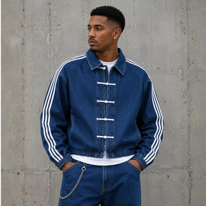 <b>Mens</b> <b>Denim</b> <b>Jacket</b> Indigo Frog Button Side Stripe Oriental Kung Fu Boxy Streetwear Washed Zip Up Collared Custom OEM Supplier - Product Image 1