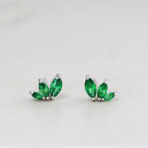 <b>Silver</b> 10K <b>Solid</b> Gold Tiny Emerald Marquise Stud <b>Earrings</b> Trio Gemstone Dainty May Birthstone Minimalist Wedding IGI Certified - Product Image 6