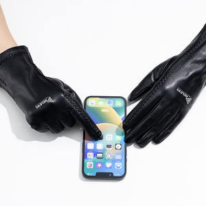 Gants noirs en cuir de mouton véritable pour hommes, doublure en fausse fourrure respirante, écran tactile, chauds pour l'automne et l'hiver - Product Image 6