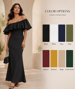 Robe d'été pour femmes très vendue - Robe maxi chic noire à épaules dénudées et volants pour un usage quotidien décontracté et des tenues de soirée - Product Image 6