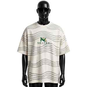NEXTEX Unisex Wave Line <b>T</b> <b>Shirt</b> <b>Cream</b> Grey Soft Cotton Jersey Crew Neck Casual Tee <b>Shirt</b> - Product Image 1