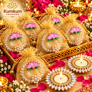 Bolsa de Regalo Lotus Potli con Portavelas de Perlas, Hecha a Mano en India, para Bodas, Diwali, Fiestas, Recuerdos, Decoración del Hogar - Product Image 3