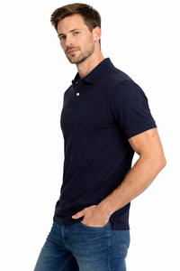 Polo classique bleu marine en coton premium pour homme, coupe ajustée élégante, tissu doux et respirant, manches courtes, col classique - Product Image 3