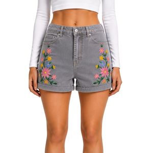 Shorts en jean gris taille haute pour femme avec broderie florale colorée, décontractés, pour l'été, personnalisables OEM ODM, vêtements de mode - Product Image 1