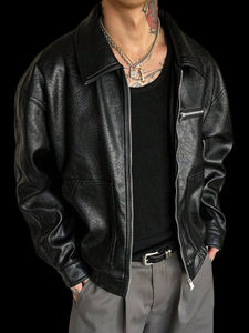 Chaqueta de cuero para hombre, estilo streetwear, con logotipo personalizado OEM, para invierno, transpirable, con cuello alto de lona, a la moda, precio mayorista económico. - Product Image 2