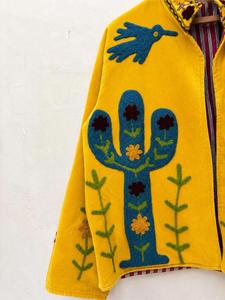 <b>Women's</b> Yellow <b>Velvet</b> Embroidered Suzani <b>Jacket</b> with Desert Pattern Full Sleeve Stand Collar Handmade Boho Winter Coat - Product Image 2