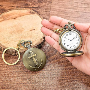 Porte-clés montre de poche vintage en métal avec ancre, pendentif rond en métal au design nautique avec chaîne pour cadeaux souvenirs - Product Image 4