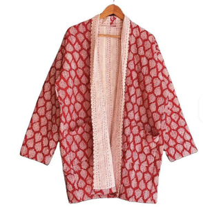 Women's Vintage Kantha Printed Cotton Jacket Reversible Long Sleeve <b>Cardigan</b> <b>with</b> <b>Belt</b> Closure Casual Outerwear - Product Image 1