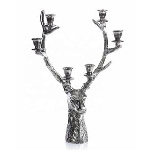 Metal Deer Head Candelabra Tabletop Antique Silver Finish Six Taper Candle Holder Living Room Dining Dinner Table Showcase Decor - Product Image 1