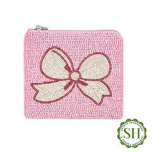 Saints <b>Headbands</b> Preppy Boutique Green Beaded Purse With Pink <b>Bow</b> Handmade Rectangular Zipper Wallet - Product Image 2