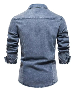 Chemise en jean délavé pour homme de qualité supérieure, manches longues, col rabattu, boutonnée, poches sur le devant, gris foncé – Nouvelle collection, offre spéciale - Product Image 4