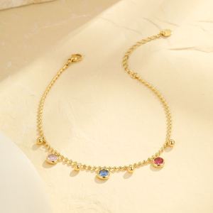 สร้อยข้อเท้าสแตนเลสชุบทองประดับเพทายหลากสีสันสำหรับผู้หญิง แฟชั่นฤดูร้อน ของขวัญขายส่ง - Product Image 5