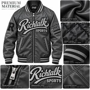 Blouson bomber gris en PU pour homme, col montant, fermeture éclair, coupe sportive, coupe régulière, coupe-vent, vêtement d'hiver, logo frontal, doublure polaire - Product Image 6